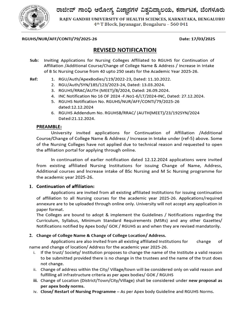 RGUHS Nursing Affiliation Notification 2025-26 | PDF | Intensive Care ...
