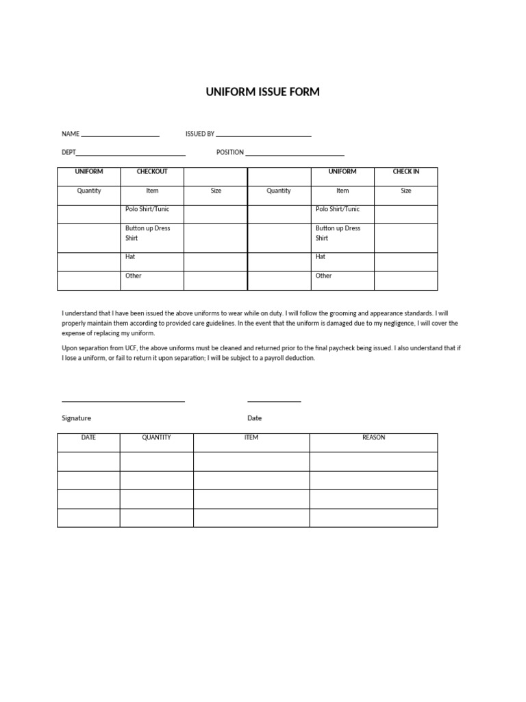 Employee Uniform Issue Form Template | PDF