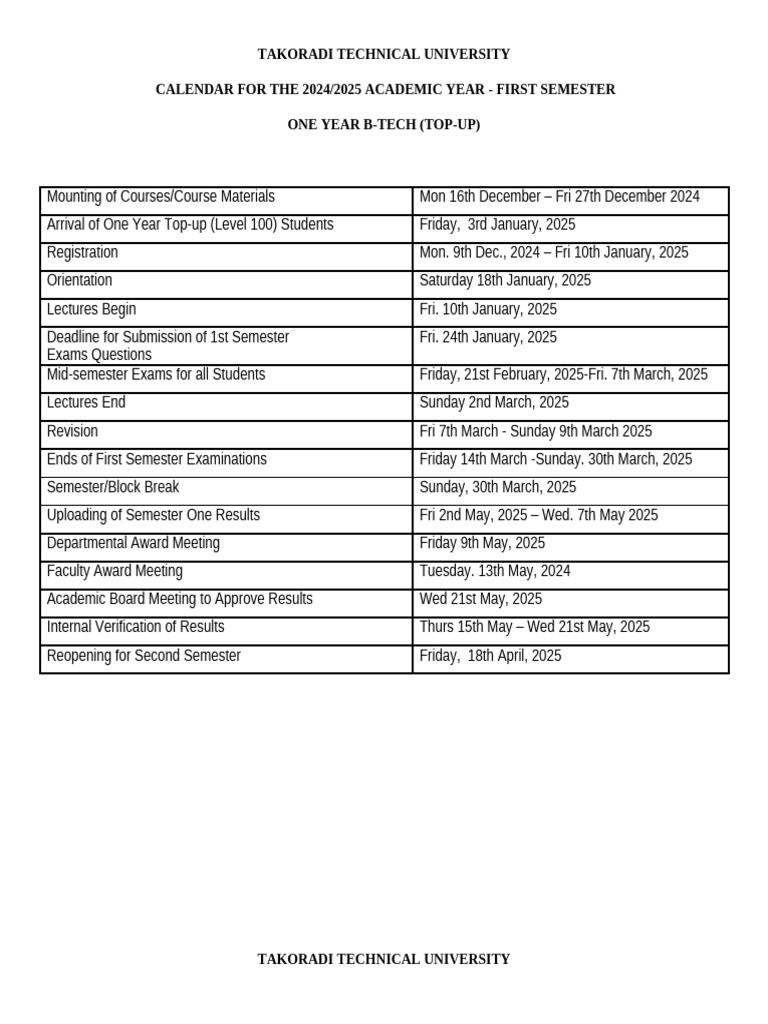 Takoradi Technical University 2024/25 Calendar | PDF | Academic Term