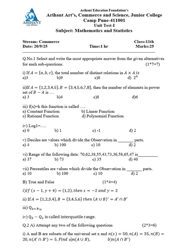 11th Commerce Unit Test-I-25 | PDF | Abstract Algebra | Applied Mathematics