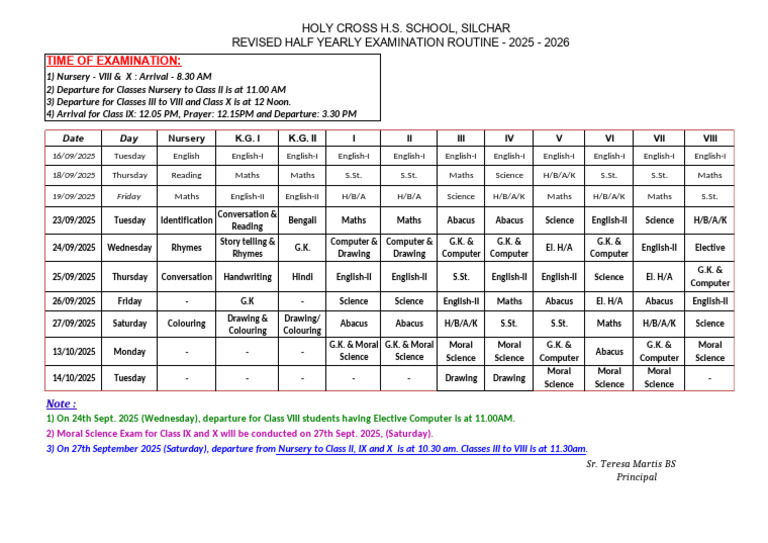Revised Half Yearly Examination Routine 2025 - 26 | PDF | Christian ...