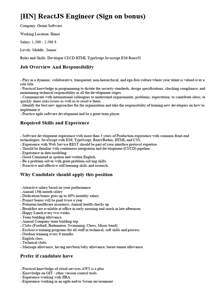 (HN) ReactJS Engineer (Sign On Bonus) | PDF | Computing | Software ...