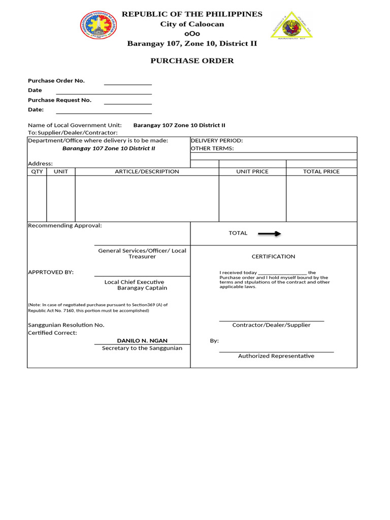Barangay 107 Purchase Order Template | PDF