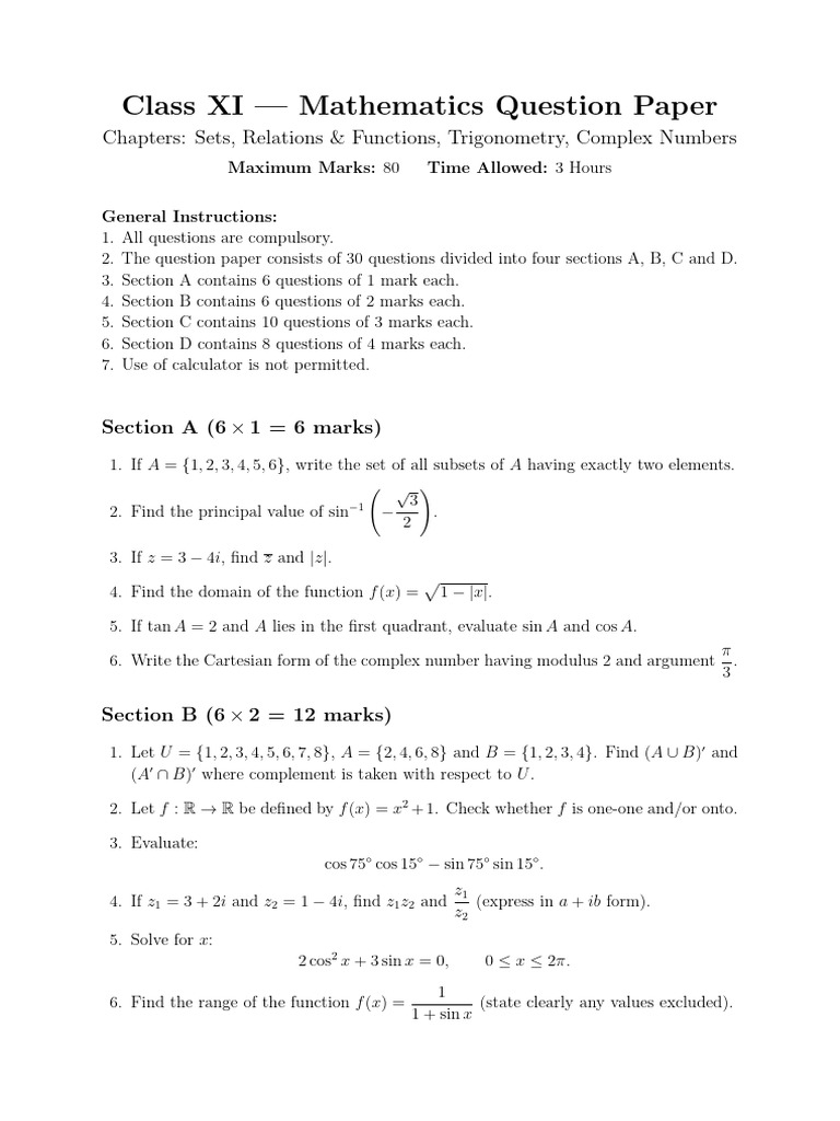 Class XI Math Question Paper 80 Marks | PDF | Function (Mathematics ...