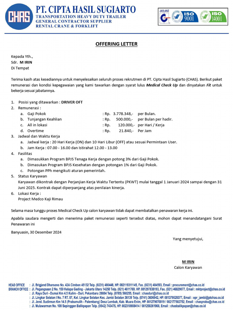 Penawaran Kerja Driver di PT CHAS | PDF