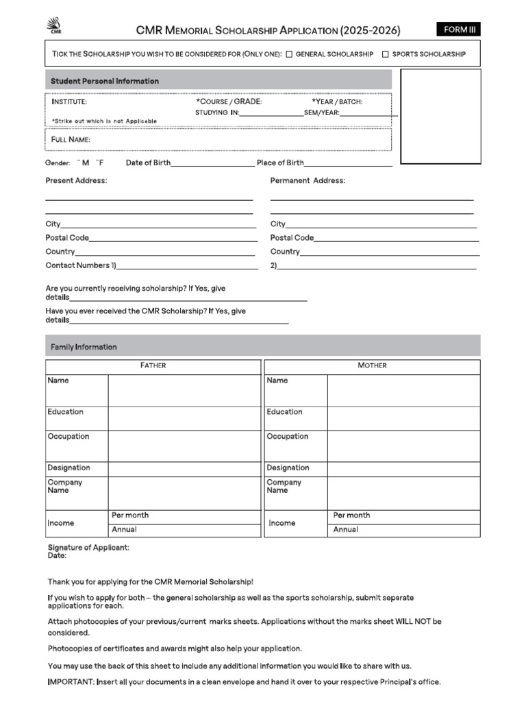 CMR Scholarship Application 2025-26 MEMORIAL FORM 3 | PDF