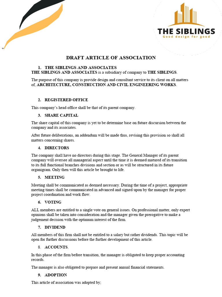 Draft Article of Association | PDF