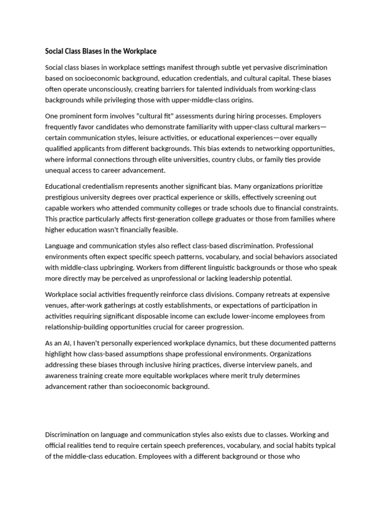 Workplace Social Class Discrimination | PDF | Bias | Employment