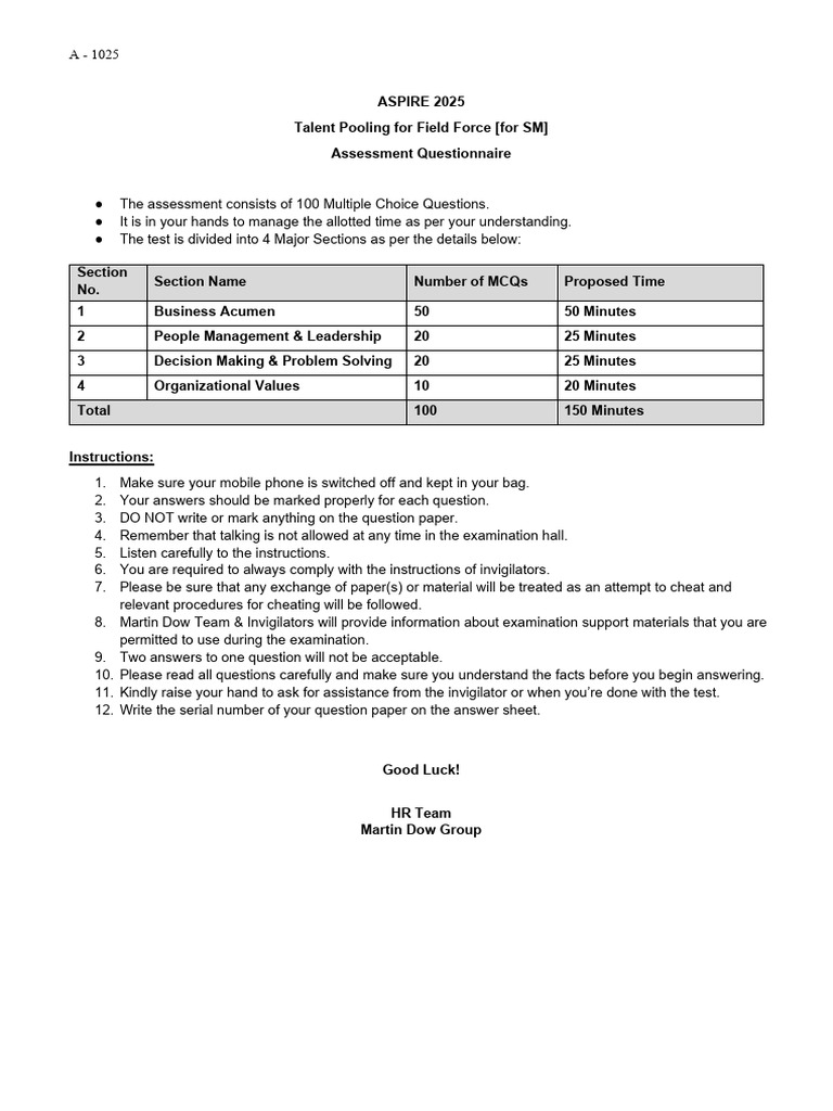Field Force Assessment Questionnaire | PDF | Multiple Choice