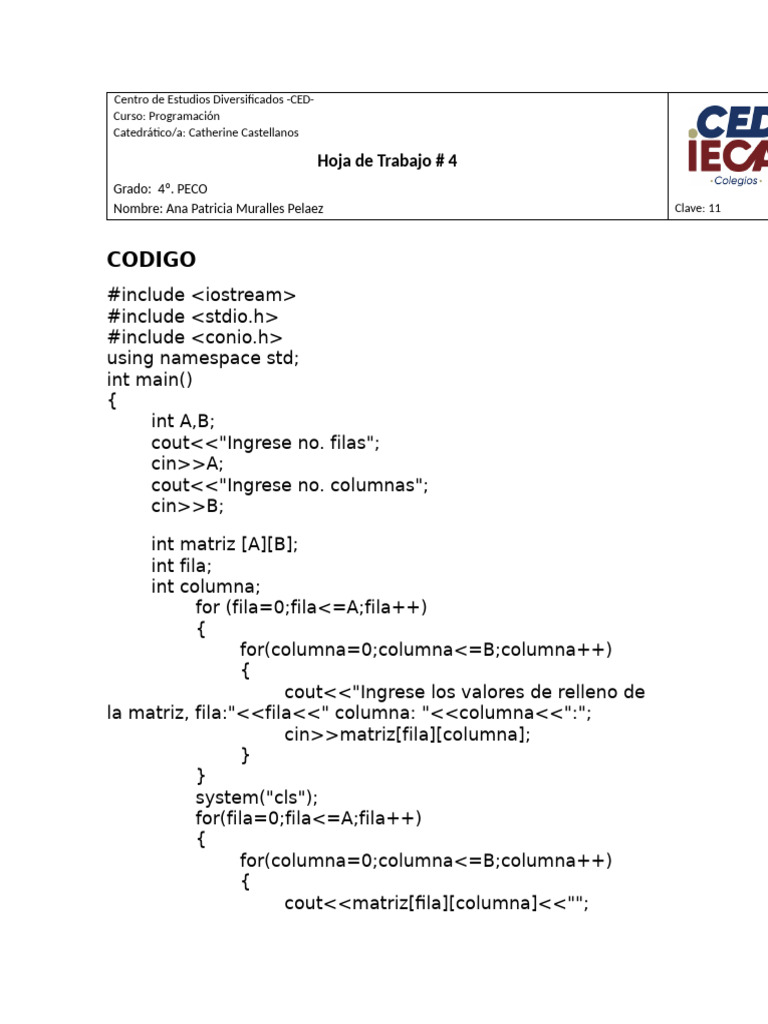 Análisis de Código en C++ para Matrices | PDF | Programación de ...