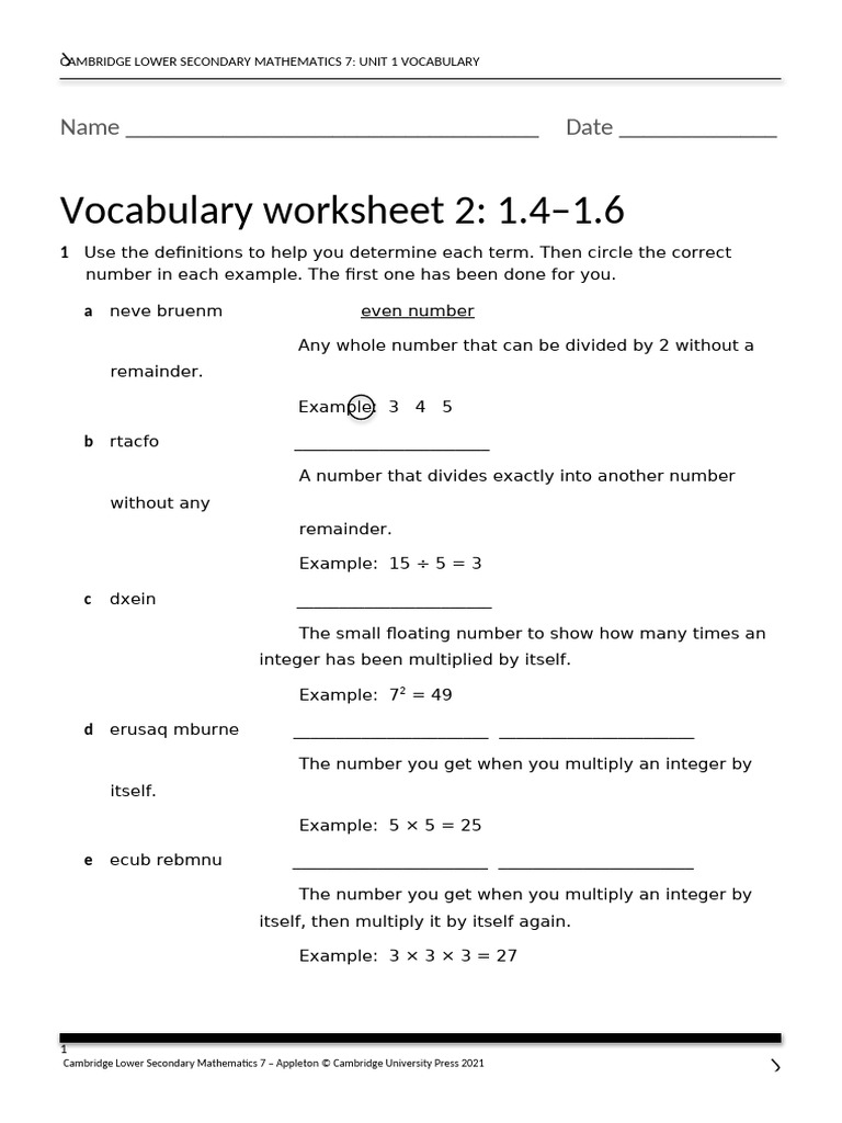Cambridge Math 7 Unit 1 Vocabulary Worksheet | PDF | Numbers ...