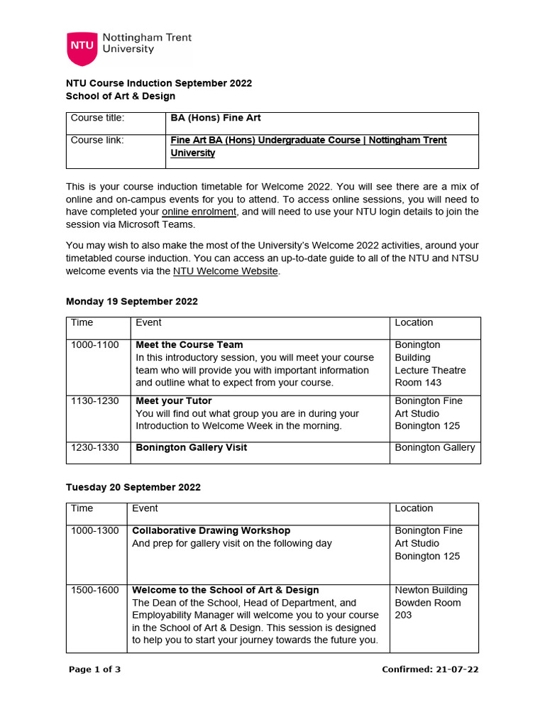 NTU Fine Art Course Induction 2022 | PDF