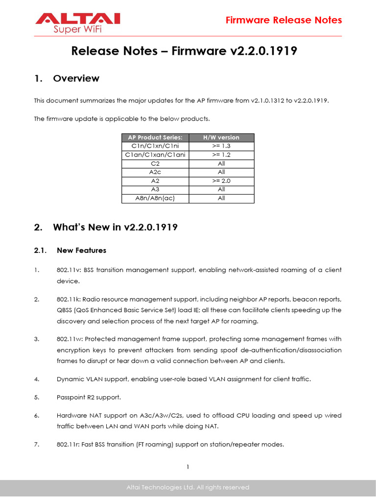 Altai Firmware v2.2.0.1919 Release Notes | PDF | Wi Fi | Computer Network