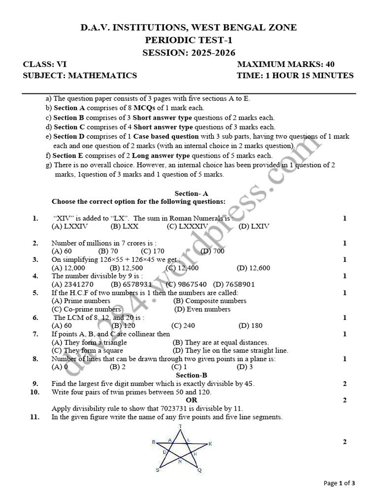 Class 6 Maths Periodic Test Paper 2025 | PDF | Mathematics