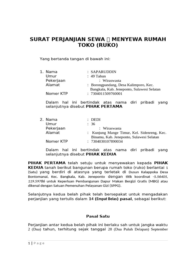 Perjanjian Sewa Ruko untuk Dapur Makan | PDF