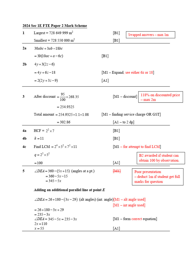 2024 Temasek Sec 1E Math P2 (Mark Scheme) | PDF | Area