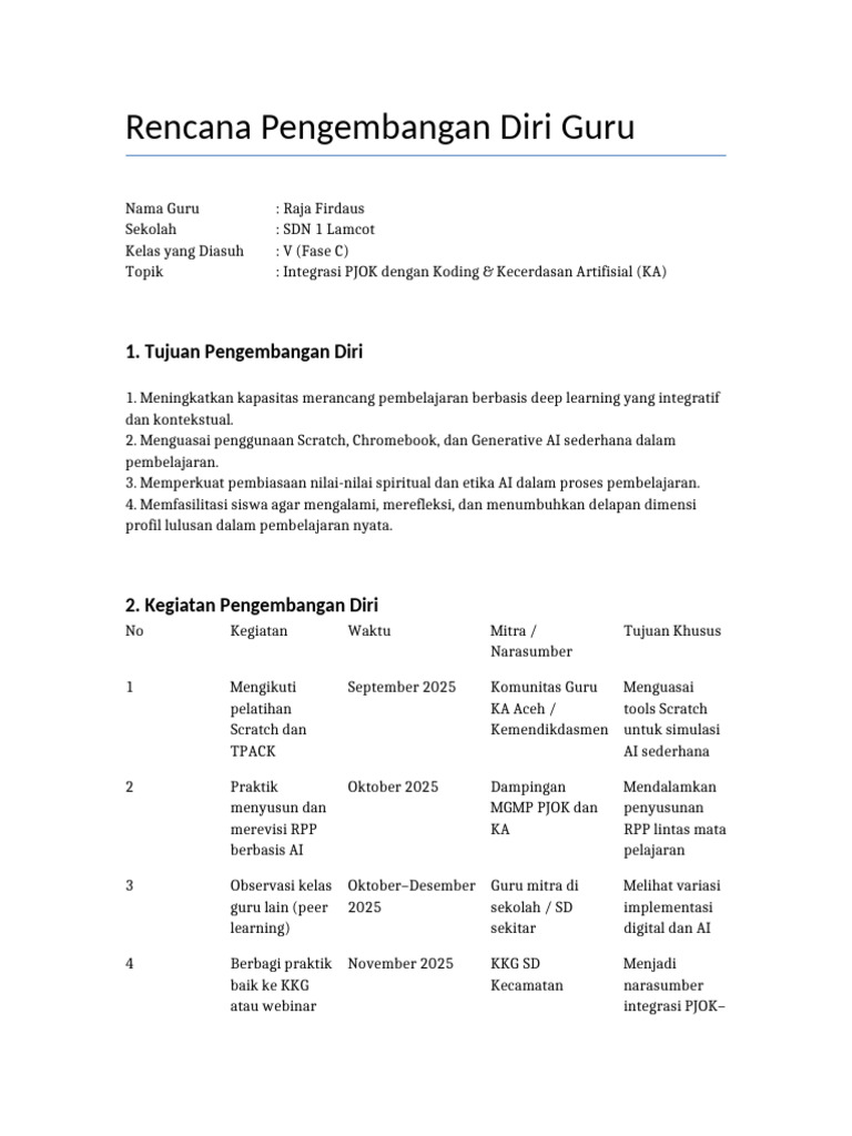Rencana Pengembangan Diri Guru PJOK AI | PDF
