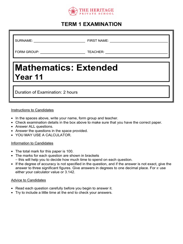 Y11 Mathematics Extended T1 2023 | PDF | Area | Triangle