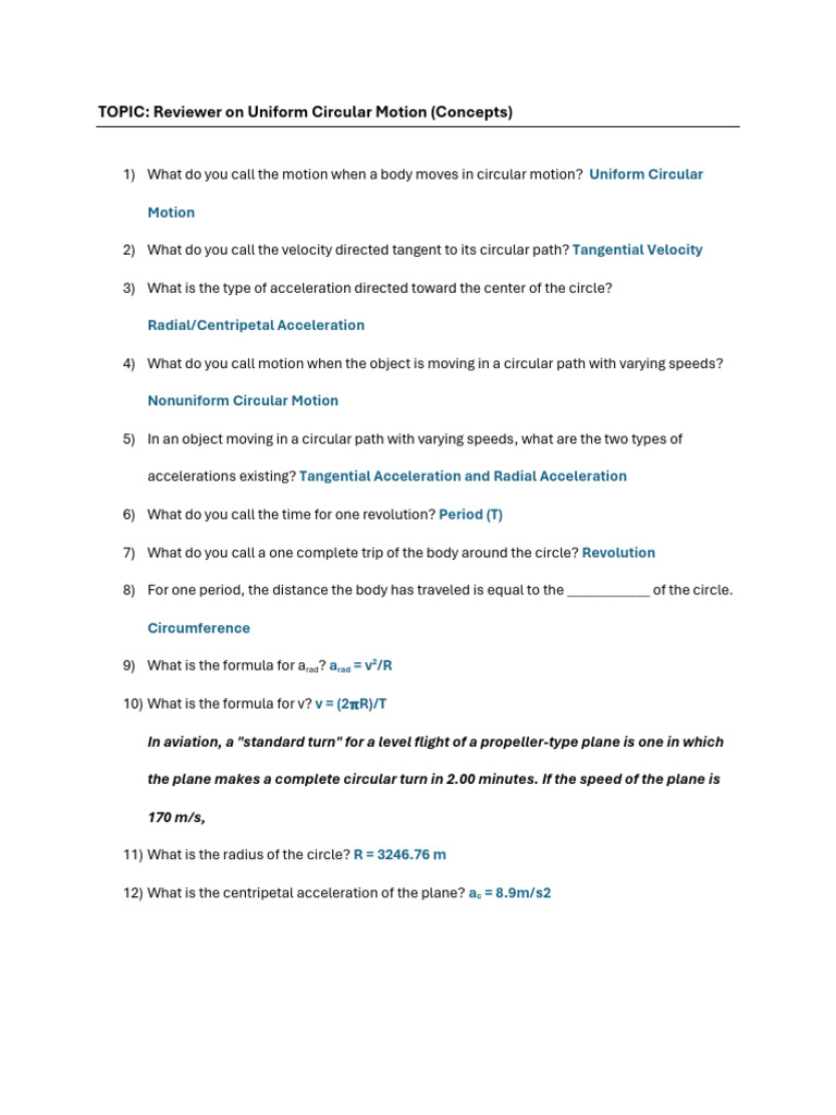 Uniform Circular Motion - Concept Reviewer | PDF