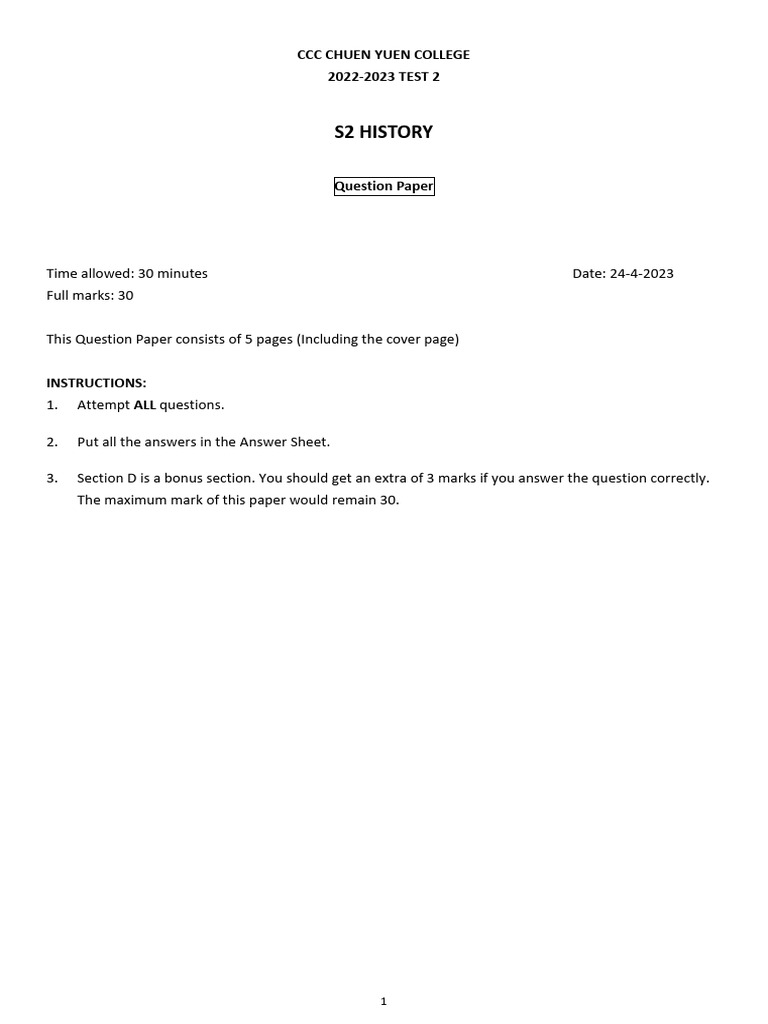 HIS - S2 - Test 2 - QP | PDF | The United States | American Civil War