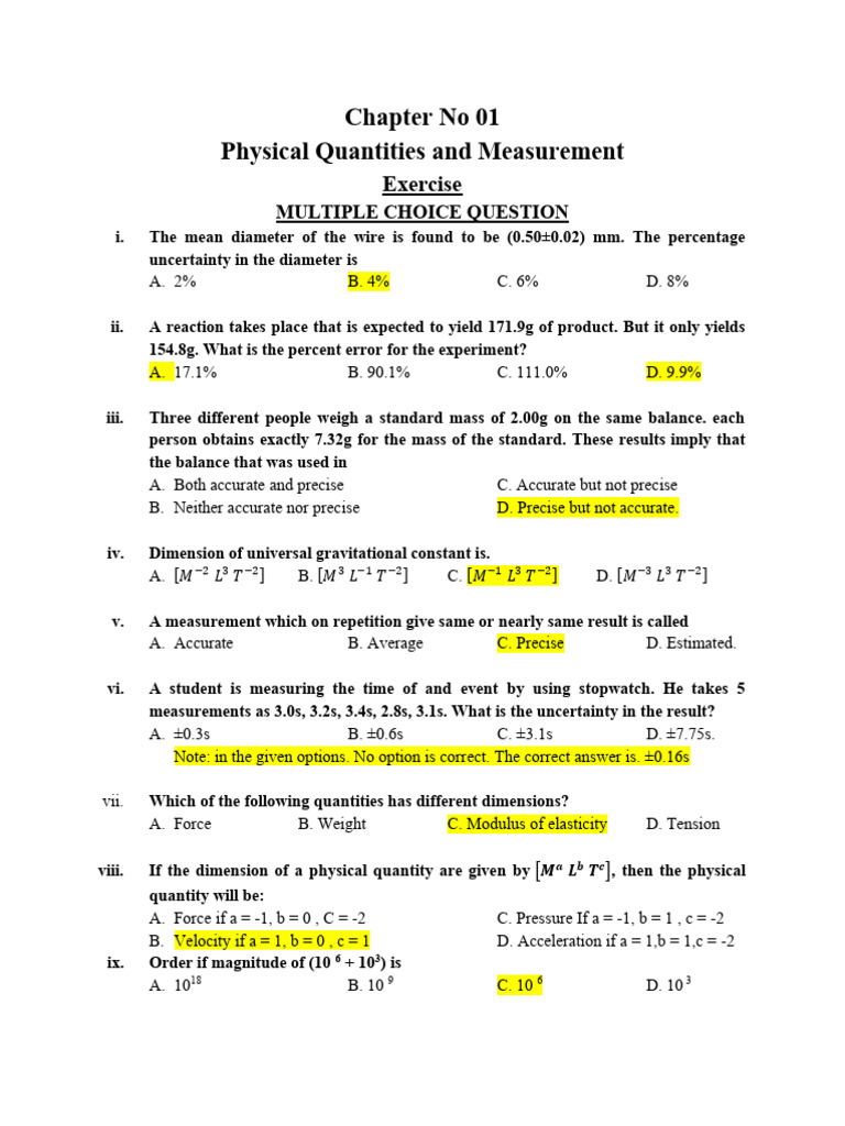 Physical Quantities and Measurement Exercises | PDF | Observational ...