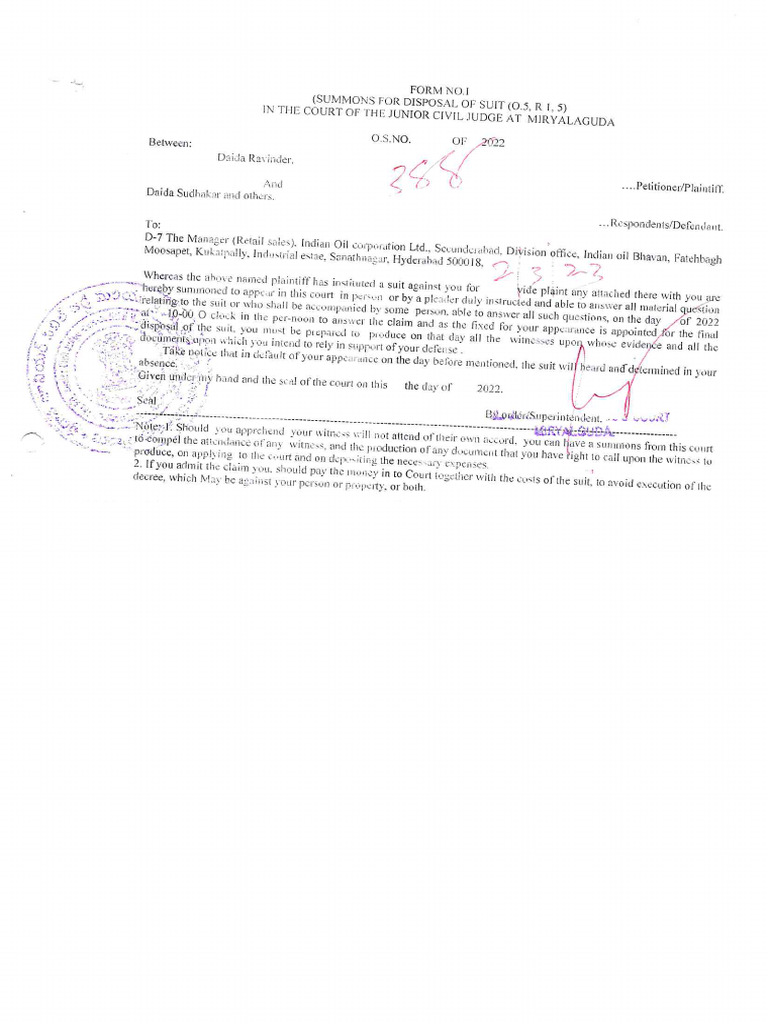 Plaint in OS NO. 388 of 2022 Daida Ravinder Vs IOCL | PDF