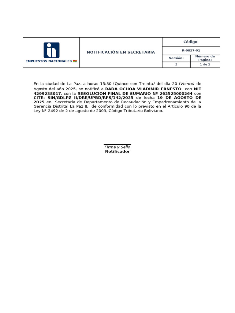 Notificacion Por Secretaria Rfs | PDF