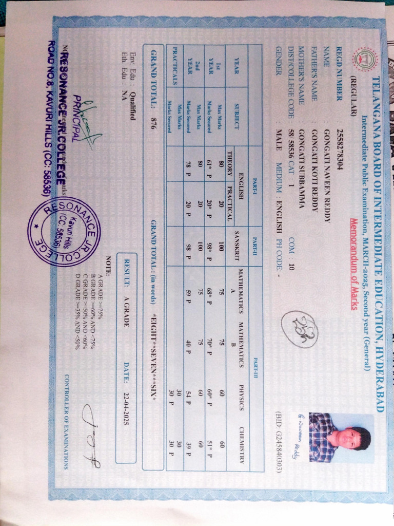 Intermediate Marks Sheet | PDF