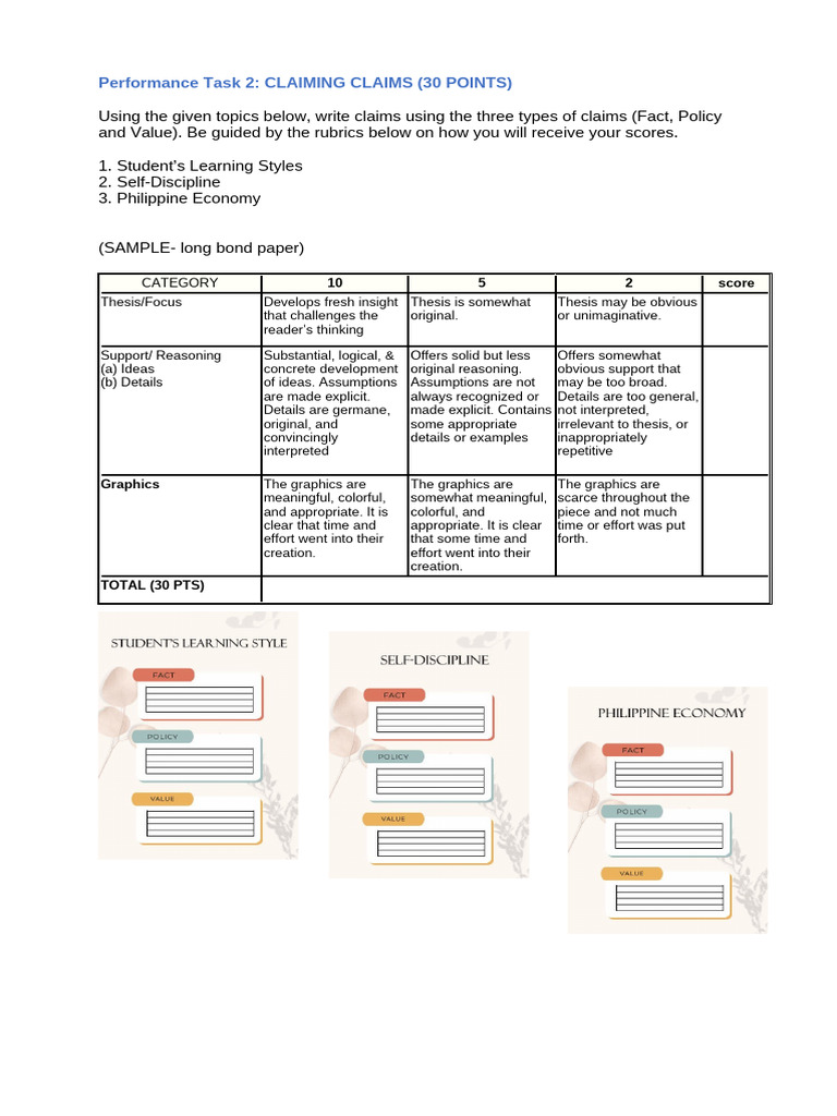 Claims Writing Performance Task | PDF