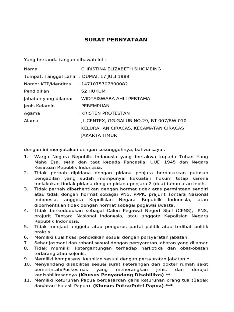 Draft Surat Pernyataan Pegawai Negeri Sipil 2024 | PDF