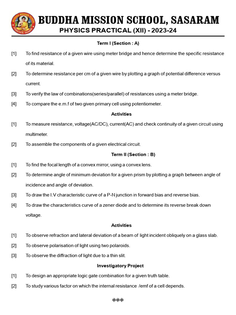 Physics Practical Experiments XII 2023-24 | PDF