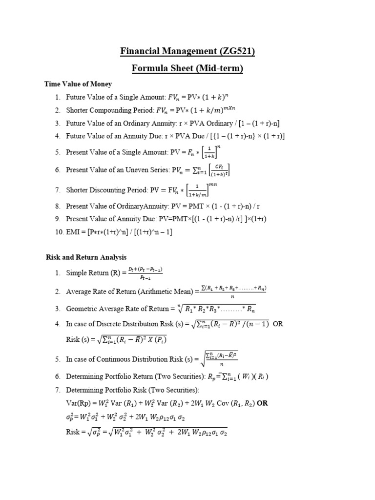 Formula Sheet | PDF | Present Value | Financial Services