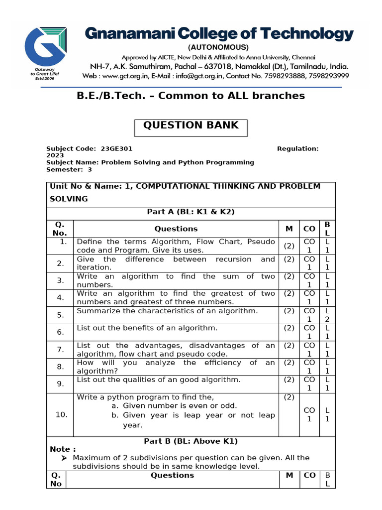Python Programming Question Bank | PDF | Parameter (Computer ...