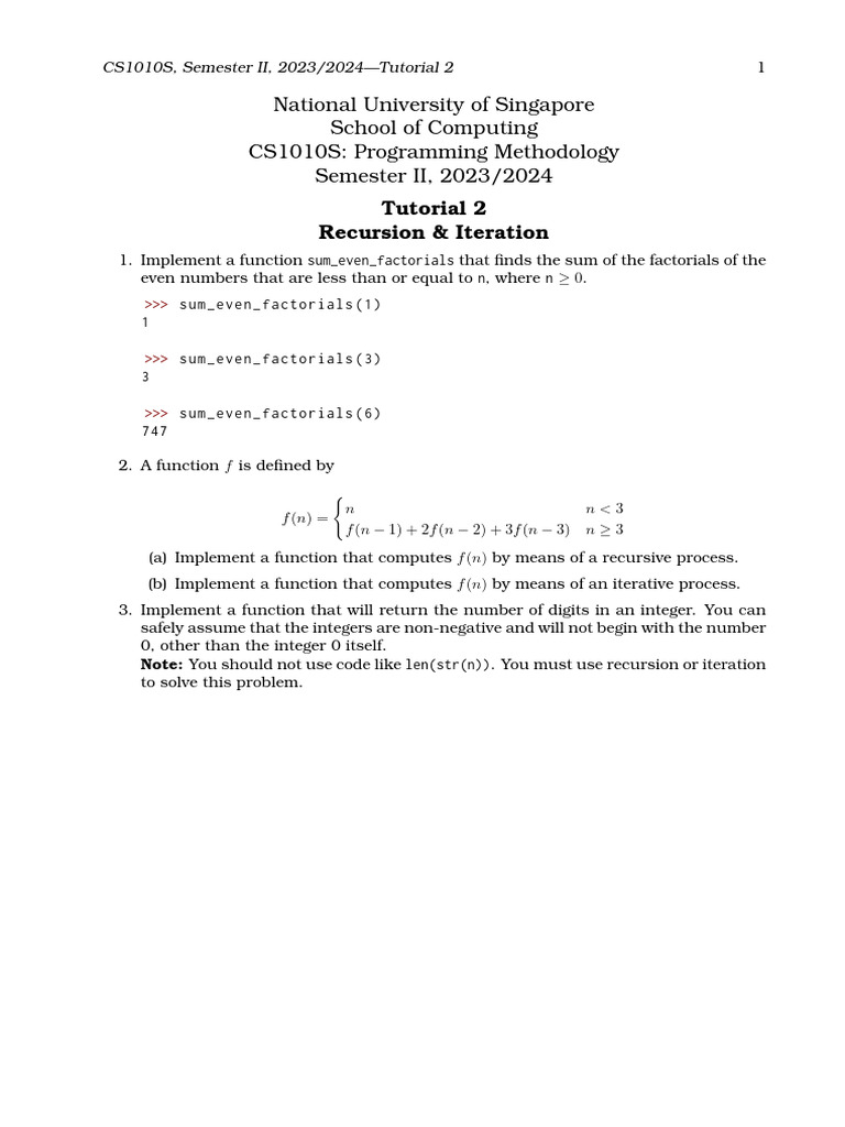 CS1010S Tutorial: Recursion & Iteration | PDF