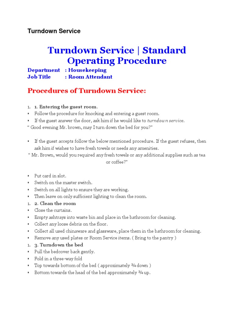 Turndown Service Procedures for Housekeeping | PDF | Bathroom | Home