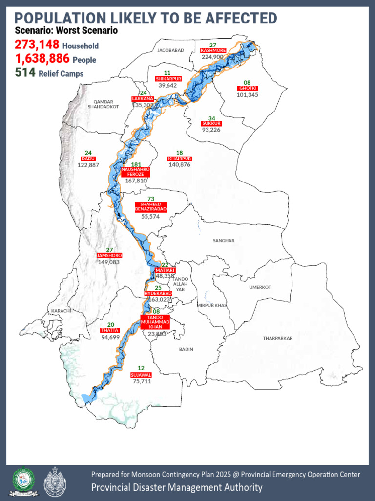 Worst Case Scenario Map With Relief Camps - PDMA Sindh 2025 | PDF
