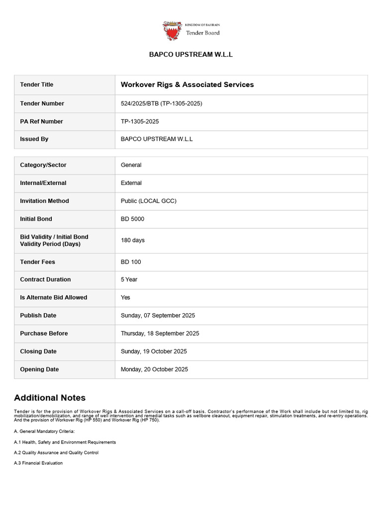 BAPCO Workover Rigs Tender 2025 | PDF