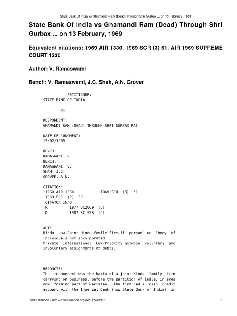 SBI vs Ghamandi Ram: 1969 Supreme Court Ruling | PDF | Judgment (Law ...