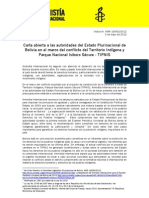 Amnistía Internacional: Carta Abierta A Las Autoridades Del Estado Plurinacional de Bolivia