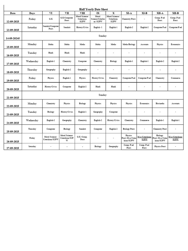 2025 Half Yearly Exam Schedule | PDF