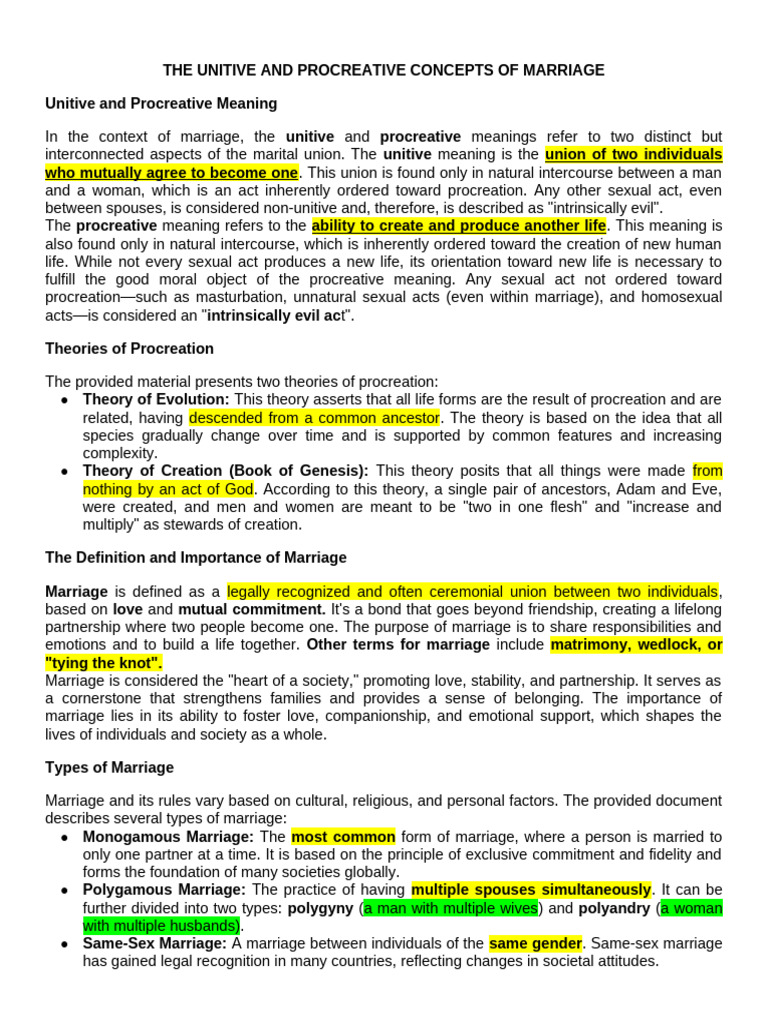 Unitive and Procreative Aspects of Marriage | PDF | Marriage | Family