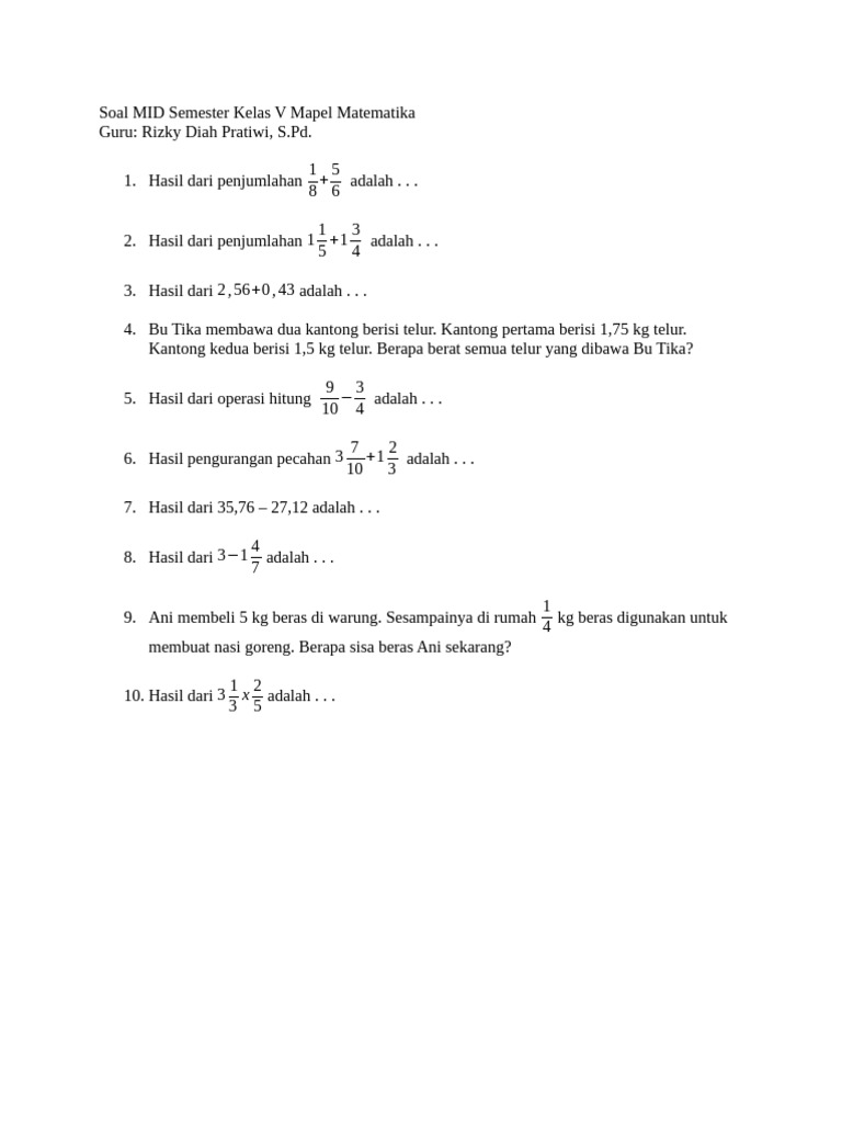 Soal MID Semester Kelas V Mapel Matematika | PDF