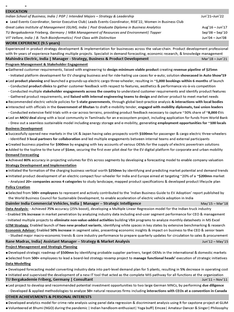 CV1 Anitha Sivaramakrishnan 62110303 | PDF | Electric Vehicle | Business