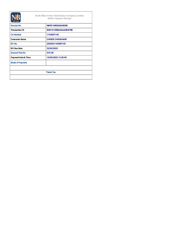 North Bihar Power Payment Receipt | PDF