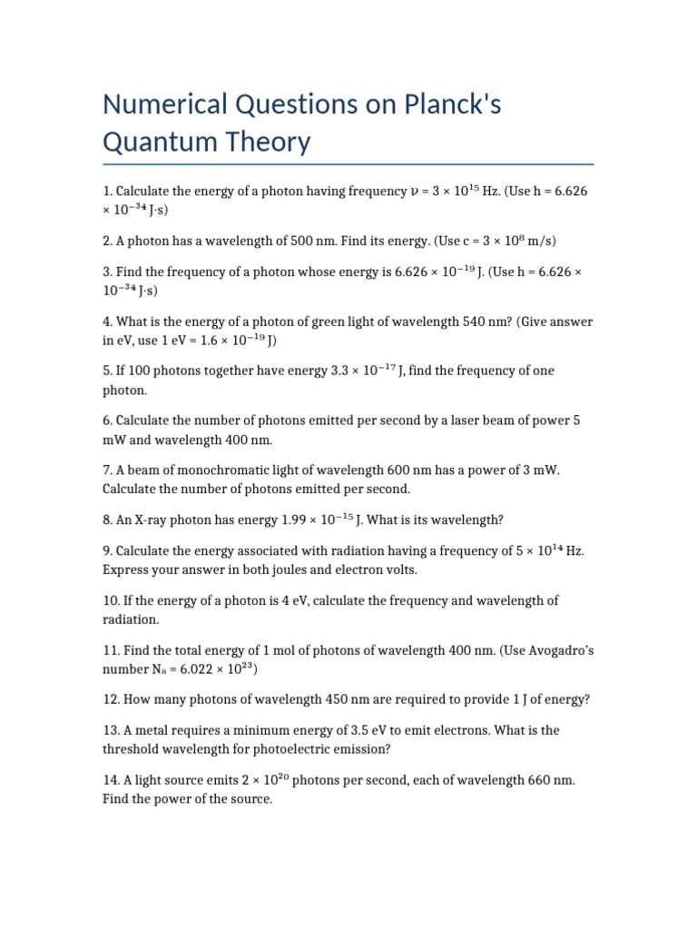 Planck's Quantum Theory Numerical Problems | PDF | Electronvolt | Photon