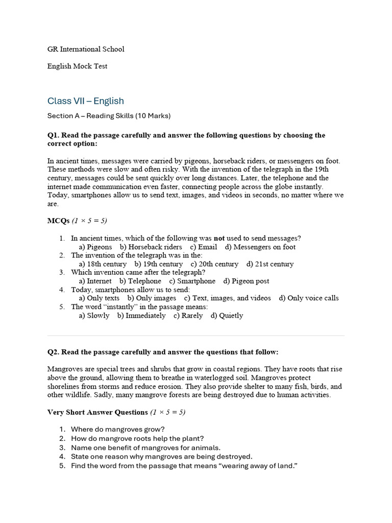 Class VII English Mock Test Guide | PDF | Telegraphy | Grammatical Tense