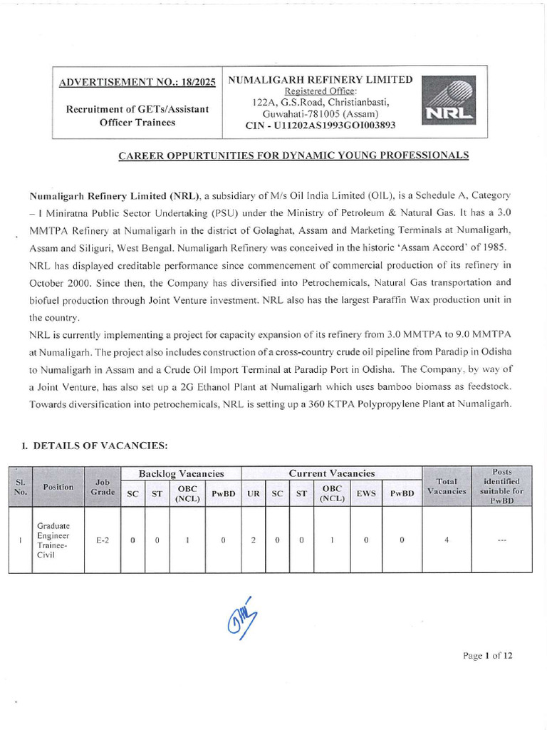 NRL 2025 Recruitment Detailed Notification | PDF