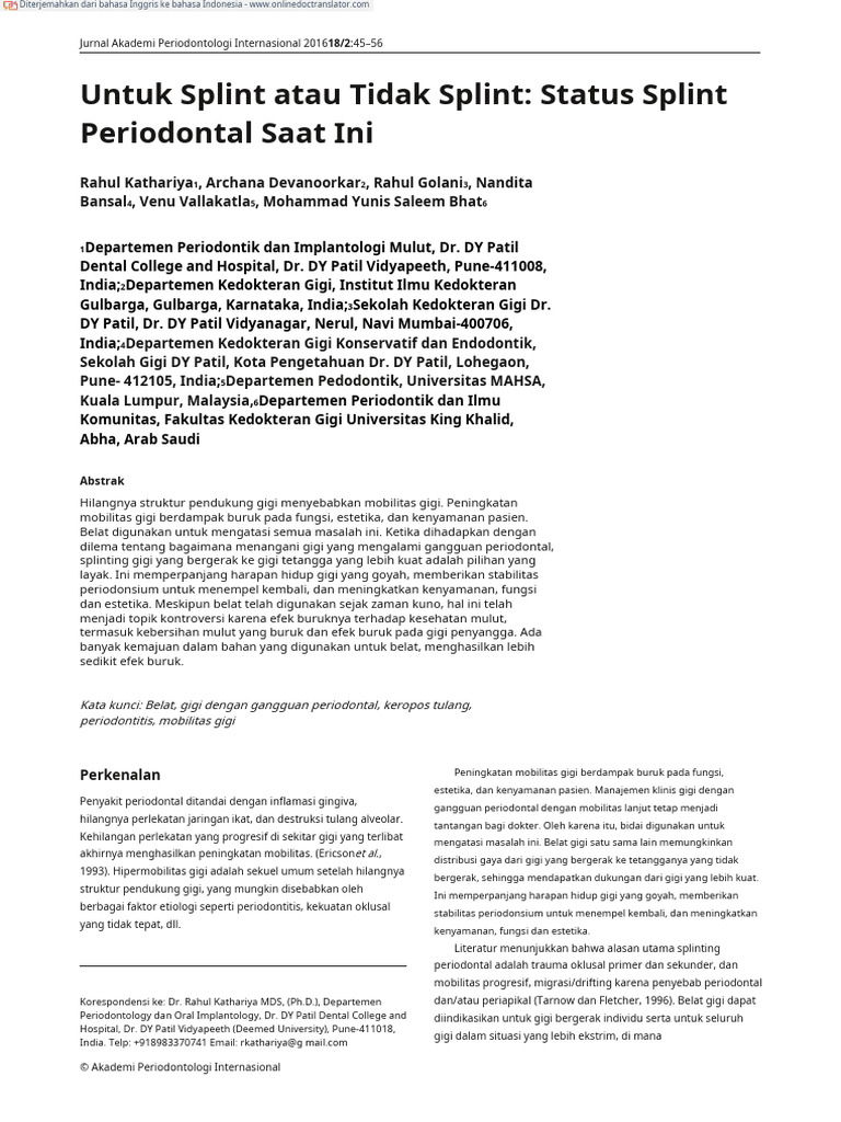 Untuk Splint Atau Tidak Splint Status Splint Periodontal Saat Ini | PDF