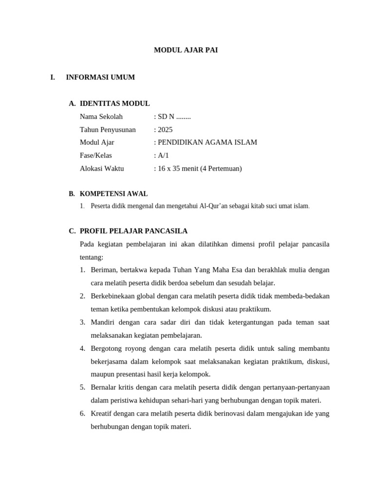 Modul Ajar PAI Kelas 1 SD 2025 | PDF