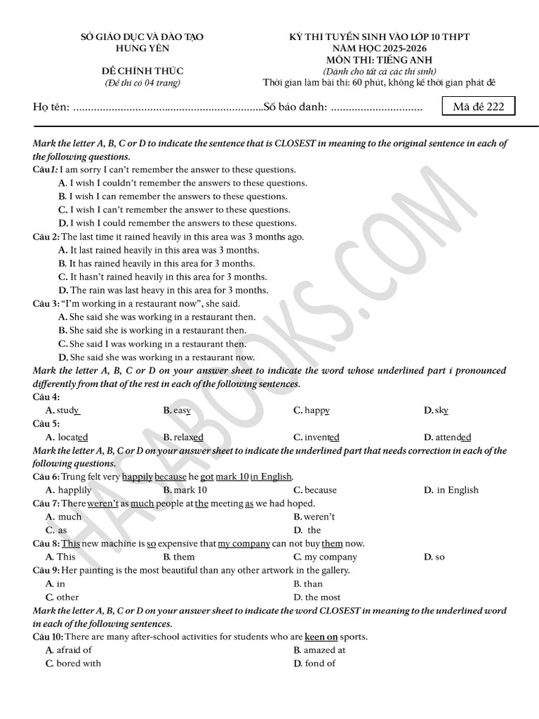 TS 10 - 2025 2026 - Hung Yen | PDF